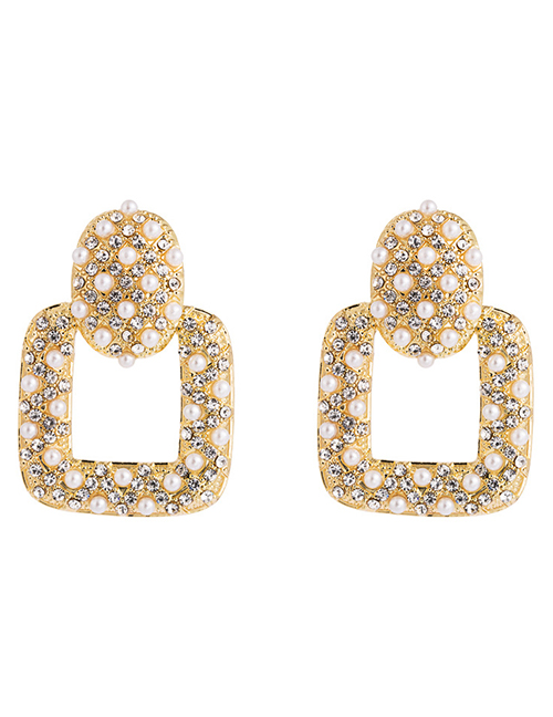 Fashion Golden Pearl Rhinestone Square Cutout Earrings