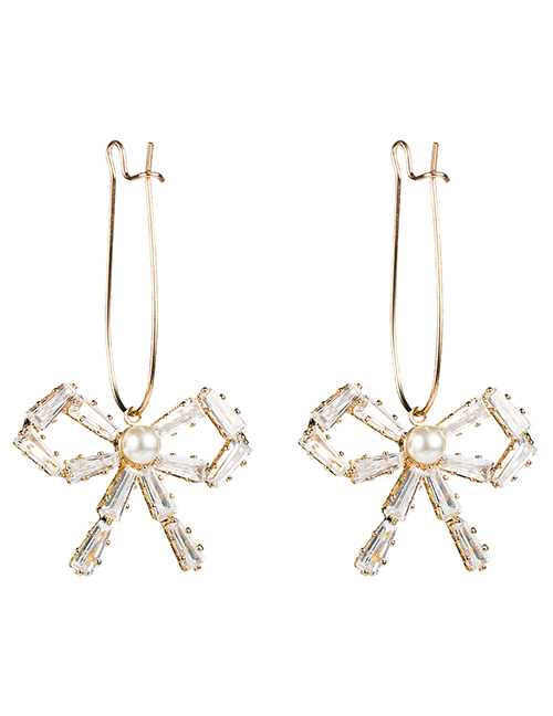 Fashion Golden Crystal Pearl Bow Earrings