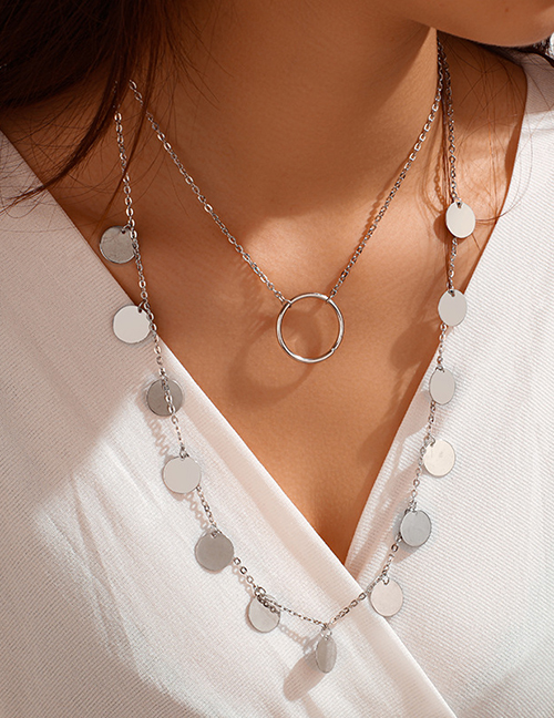 Fashion Silver Alloy Disc Large Circle Multilayer Necklace