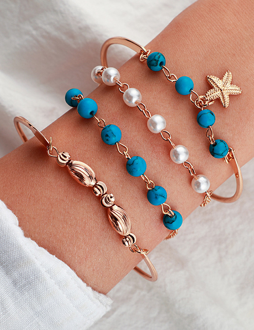 Fashion Green Pearl Starfish Turquoise Bracelet Set