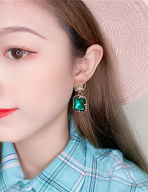 Fashion Green Geometric Square Large Gem Earrings