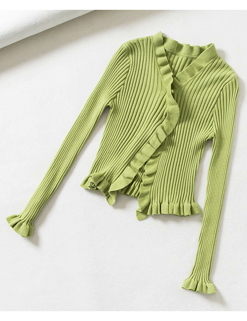 Fashion Green V-neck Rib Knit Buttoned Fungus Cardigan Sweater