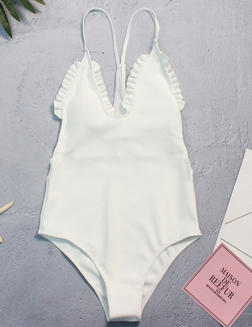 Fashion White Bubble Cloth Pleated Lace One-piece Swimwear