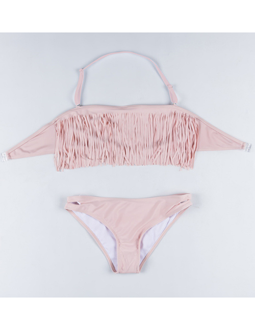 Fashion Pink Tassel Hanging Neck Split Bikini