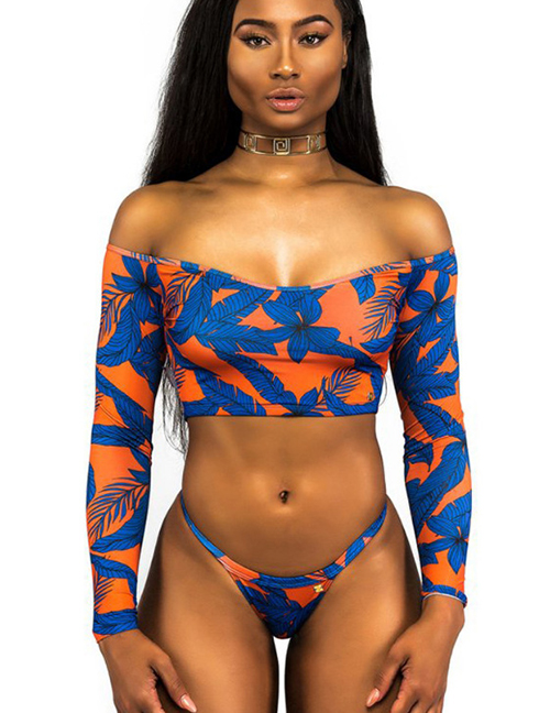 Fashion Orange Printed Square Collar Triangle Split Bikini