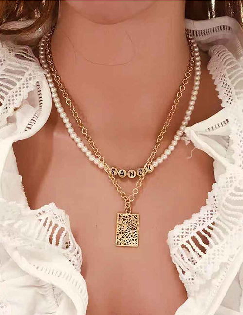 Fashion Golden Alphabet Word Combination Square Hollow Alloy Necklace