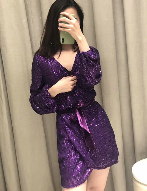 Fashion Purple Sequined V-neck Lace Dress