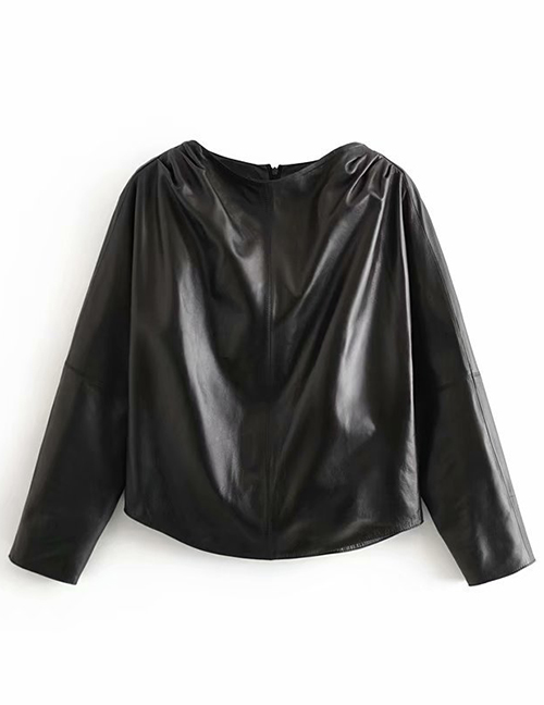 Fashion Black Pu Leather Shoulder Pleated Shirt