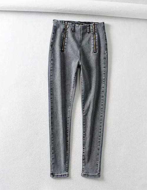 Fashion Gray Washed Zip Stretch Jeans