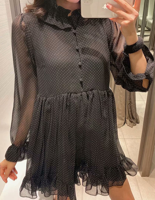 Fashion Black Dot-print Ruffled Dress With Lining