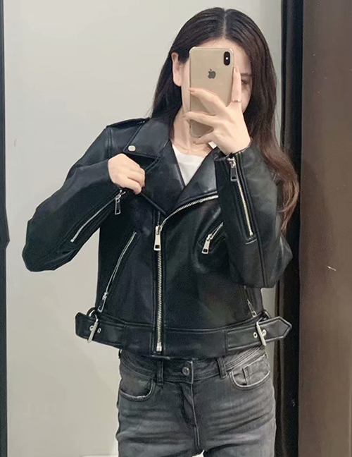 Fashion Black Faux Leather Motorcycle Zip Jacket
