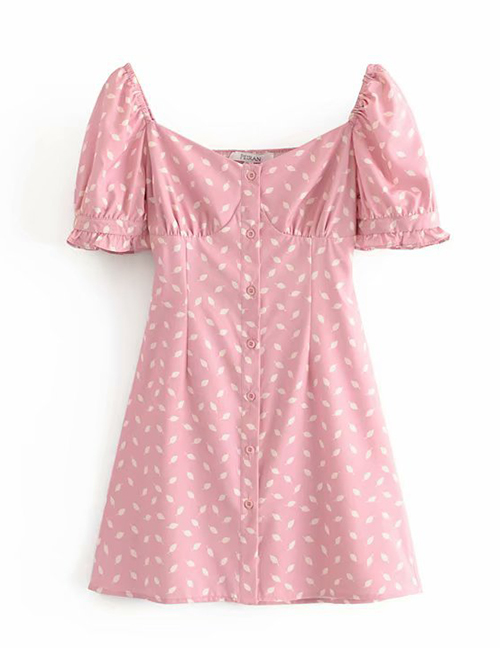 Fashion Pink Floral Print Puff Sleeve Front Dress