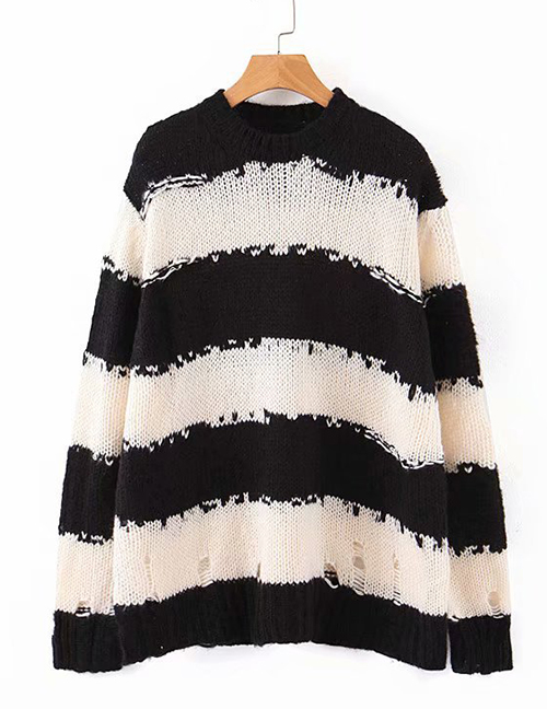 Fashion Black And White Bars Cutout Mohair Chunky Striped Cutout Knitted Sweater