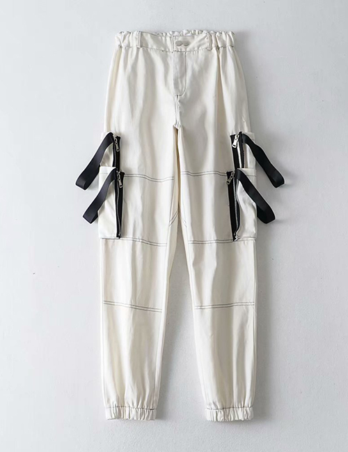Fashion White Contrast Overalls With Large Web Pocket