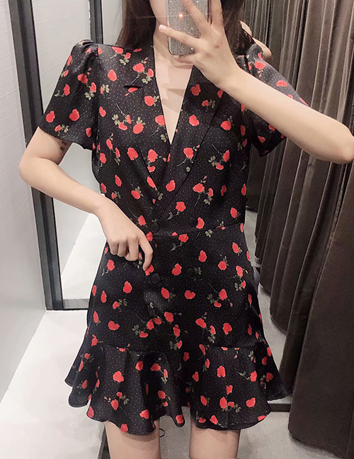 Fashion Black Flower Print Double-breasted Lapel Lace Up Jumpsuit