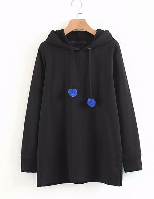 Fashion Black Hooded Sweater With Wool Ball And Velvet Stitching