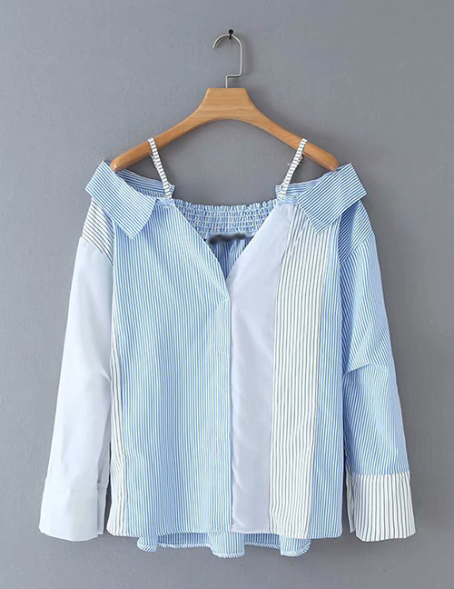 Fashion Blue Striped Colorblock Sling Collar Shirt
