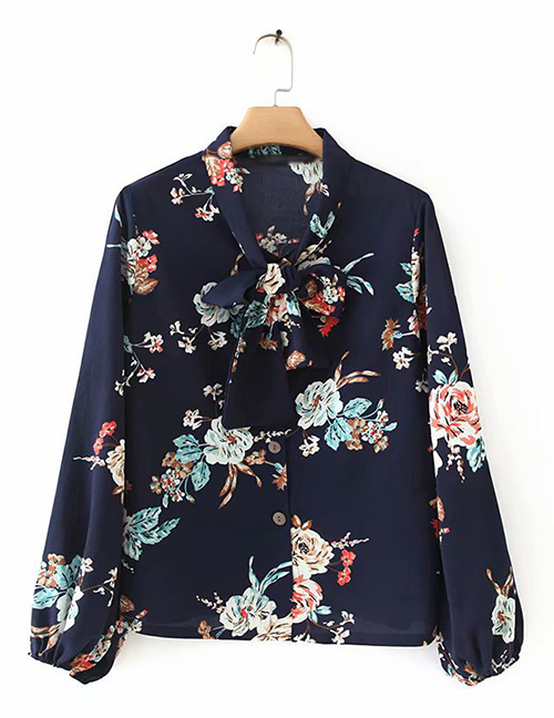 Fashion Navy Bow Flower Print Shirt