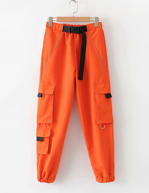 Fashion Orange Large Pocket Webbing Buckle Overalls