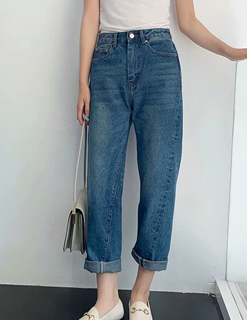 Fashion Navy Washed Asymmetrical Twist Seam Mid-rise Straight-leg Jeans