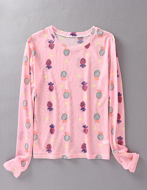 Fashion Pink Pineapple-print Mesh Sun-block T-shirt