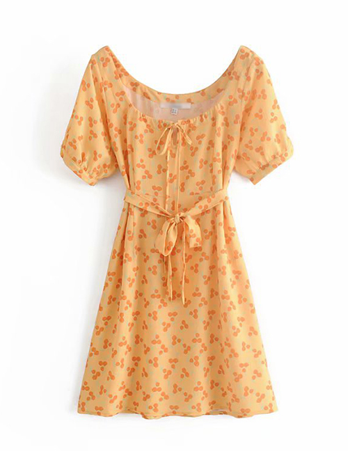 Fashion Orange Flower Print Lace Dress