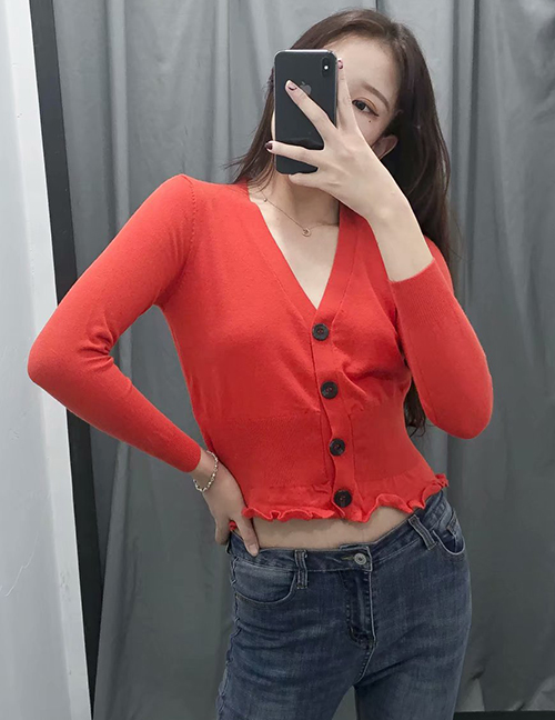 Fashion Red V-neck Single Breasted Knit Cardigan