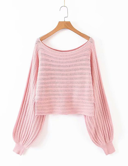 Fashion Pink Slit-neck Open-knit Sweater