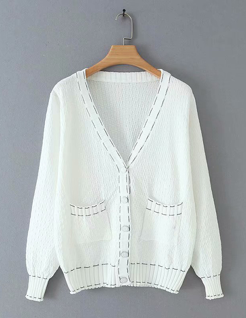 Fashion White Knitted V-neck Single-breasted Cardigan Sweater