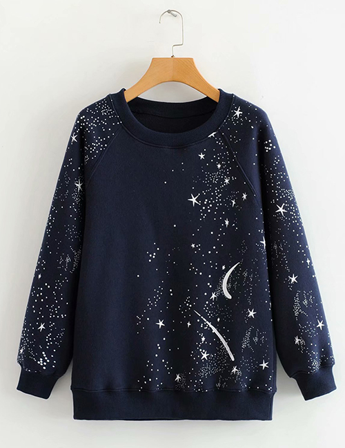 Fashion Navy Raglan Sleeve Cosmic Round Neck Sweater
