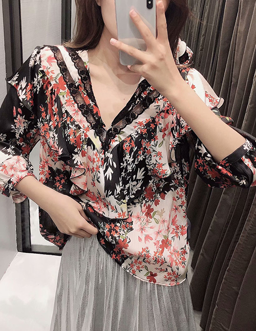 Fashion Color Stacked Ruffled Flower Print V-neck Single-breasted Shirt