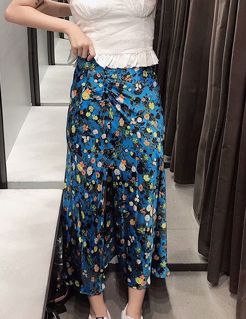 Fashion Blue Floral Print Split Pleated Skirt