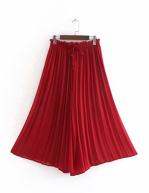 Fashion Red Pleated Lace-up Wide-leg Pants