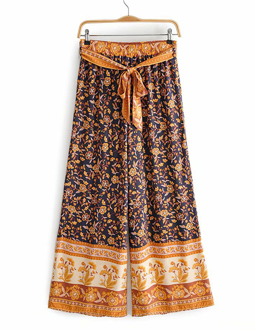 Fashion Tibetan Blue Cotton Cotton Print Lace-up Wide-leg Pants