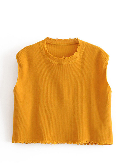 Fashion Yellow Short Fringed Knit Waistcoat