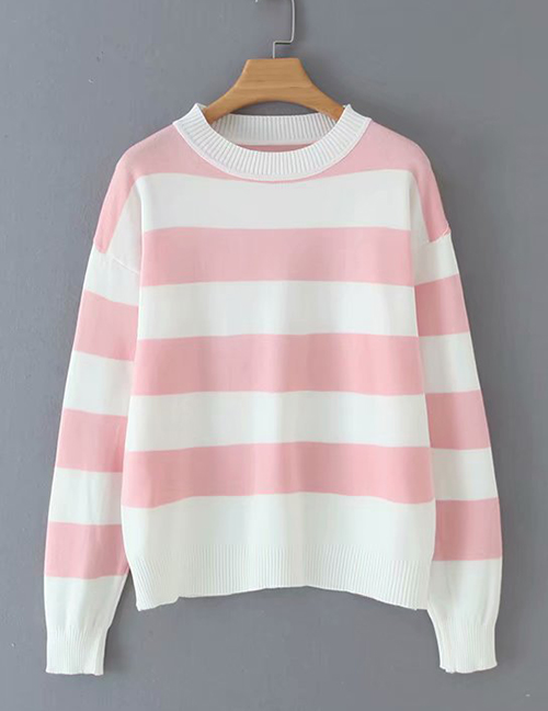 Fashion Pink Striped Crew Neck Sweater