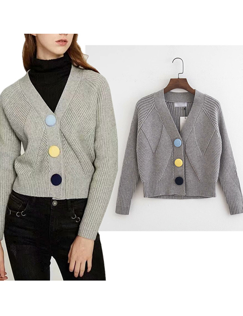 Fashion Gray Textured Plush Button Short Knitted Cardigan