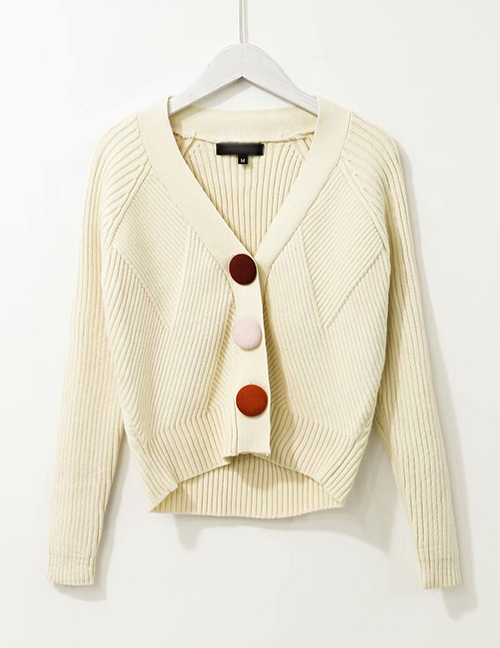 Fashion Beige Textured Plush Button Short Knitted Cardigan