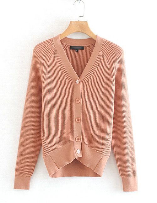 Fashion Pink Ribbed Knit Single-breasted V-neck Sweater Cardigan