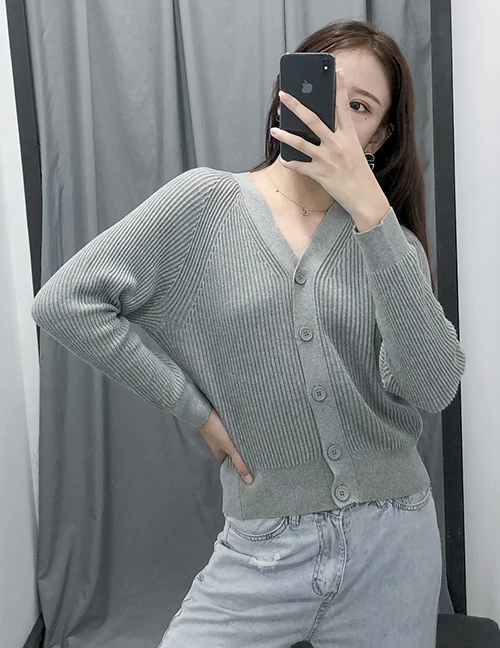 Fashion Gray Ribbed Knit Single-breasted V-neck Sweater Cardigan