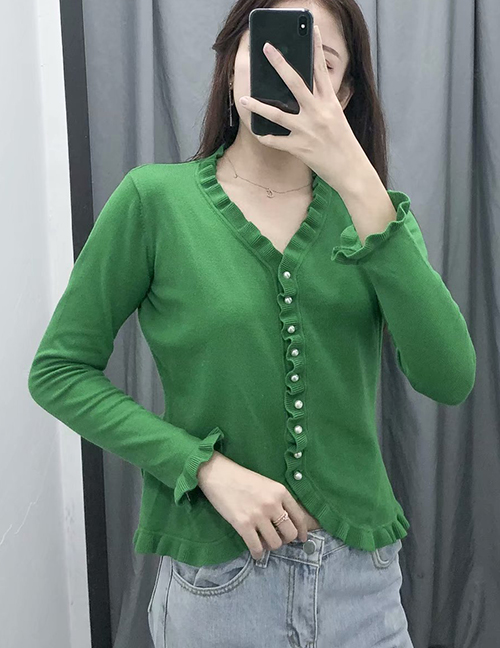 Fashion Green Ruffled Knit V-neck Single-breasted Sweater Cardigan