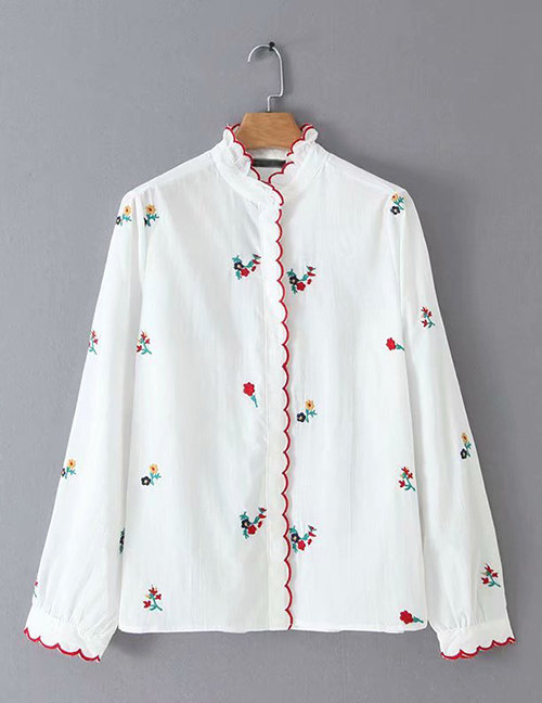Fashion Green Flowers Embroidered Embroidered Lace Collar Shirt