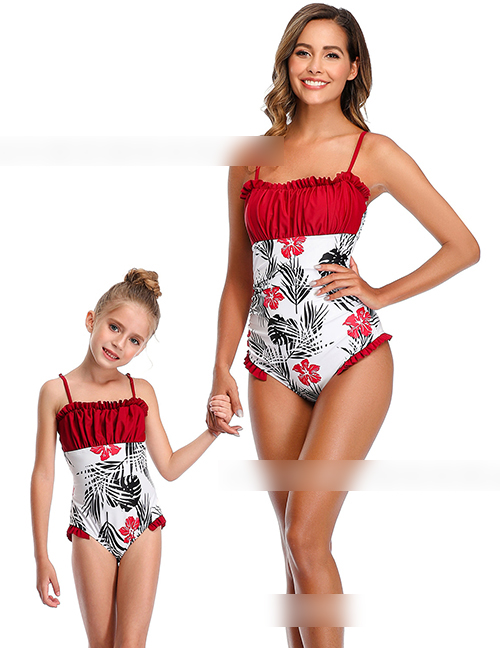 Fashion Red Wine Pleated Printed Ruffled One-piece Swimsuit For Children