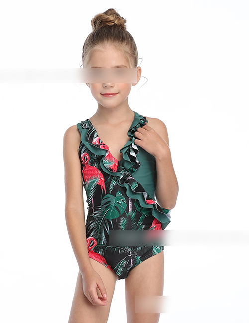 Fashion Green Ruffled Flamingo Print One Piece Swimsuit For Children