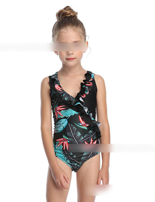 Fashion Black Ruffled Flamingo Print One Piece Swimsuit For Children