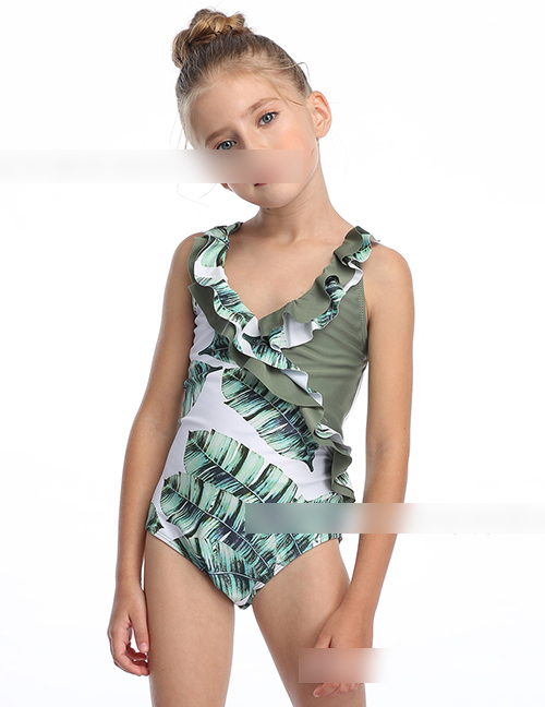 Fashion Green Leaf On White Ruffled Flamingo Print One Piece Swimsuit For Children