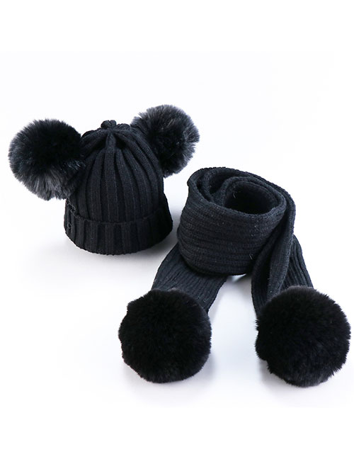 Fashion Suit-black Thread Wool Ball Wool Baby Hat Scarf Set