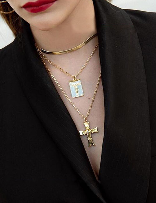 Fashion Golden Geometric Portrait Cross Three-layer Necklace
