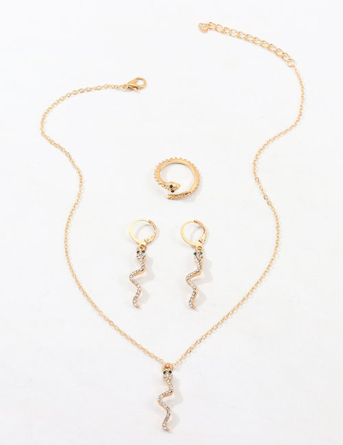 Fashion Golden Diamond Snake Earring Necklace Ring Set