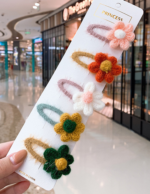 Fashion Knitted Flower Series # 5piece Set Flower Hit Color Children Hair Clip Set